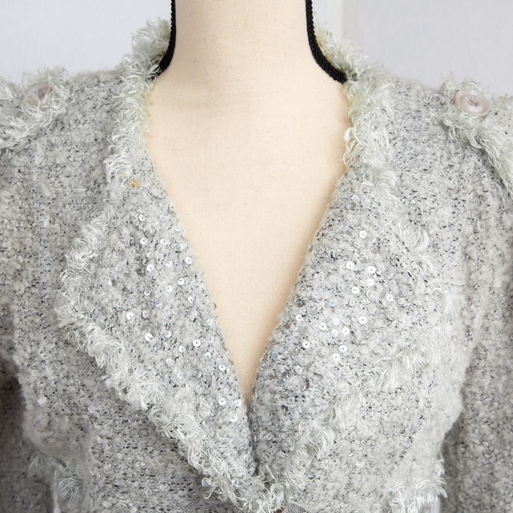 Soft light gray fringe trimmed fuzzy cardigan sweater with sequins by Monoreno S